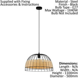 Stylish Black Ceiling Pendant Light With Matching Wall Sconces In Wicker Wood Design - thumbnail 2