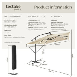Tectake Parasol Sunna - 250 X 250 Cm With Led Solar Lighting, With Protective Cover - Beige - thumbnail 6