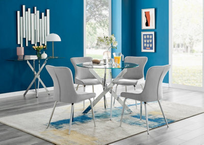 Furniturebox Uk Novara Chrome Metal Round Glass Dining Table And 4 Light Grey Nora Silver Leg Chairs - image 1