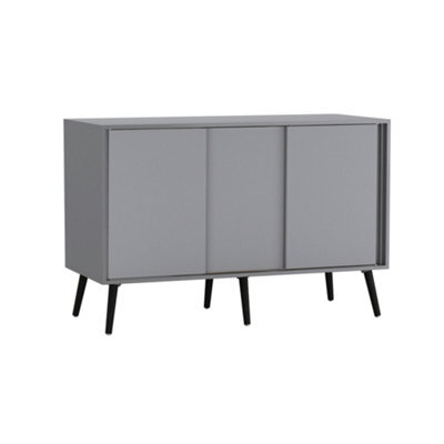 Urbn-Living Urbnliving 3-Door Sliding Cabinet Sideboard Grey Carcass With Grey Doors Storage Organiser Home Cupboard Black Wooden Legs - image 1