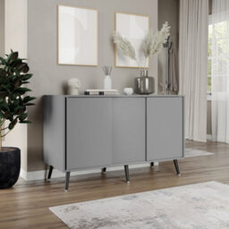 Urbn-Living Urbnliving 3-Door Sliding Cabinet Sideboard Grey Carcass With Grey Doors Storage Organiser Home Cupboard Black Wooden Legs - thumbnail 3