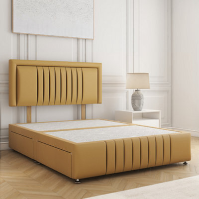 Bsspoke Lily Divan Bed Set In Mustard Plush Velvet 24Inch Headboard & Footboard 2 Drawers Same Side & No Mattress In All Sizes - image 1
