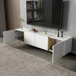 Btm High Gloss Tv Cabinet With Four Doors Modern Simple Design In White Living Room Storage Unit - thumbnail 4
