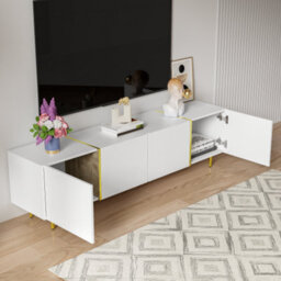 Btm High Gloss Tv Cabinet With Four Doors Modern Simple Design In White Living Room Storage Unit - thumbnail 1