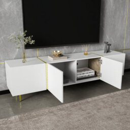 Btm High Gloss Tv Cabinet With Four Doors Modern Simple Design In White Living Room Storage Unit - thumbnail 3