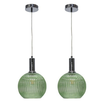 First Choice Lighting Set Of 2 Betchley - Green Ribbed Glass Globe Chrome Deco Pendants - image 1
