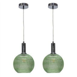 First Choice Lighting Set Of 2 Betchley - Green Ribbed Glass Globe Chrome Deco Pendants - thumbnail 1