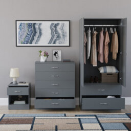 Lassic Vida Designs Riano 3 Piece Bedroom Set (1 Drawer Bedside Chest, 5 Drawer Chest, 2 Door 2 Drawer Wardrobe), Grey - thumbnail 2