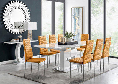 Furniturebox Arezzo White High Gloss Extending Dining Table & 8 Mustard Yellow Milan Faux Leather Dining Chairs - image 1