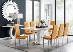 Furniturebox Arezzo White High Gloss Extending Dining Table & 8 Mustard Yellow Milan Faux Leather Dining Chairs - thumbnail 1