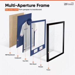 "AK Frames 90X60Cm Matte Black Football Shirt Frame With Blue Mount - 58X40Cm Shirt Window Plus Two 5X3.5"" Photo Apertures" - thumbnail 5