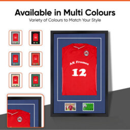 "AK Frames 90X60Cm Matte Black Football Shirt Frame With Blue Mount - 58X40Cm Shirt Window Plus Two 5X3.5"" Photo Apertures" - thumbnail 6