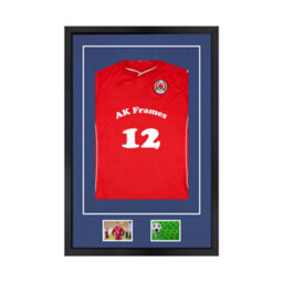 "AK Frames 90X60Cm Matte Black Football Shirt Frame With Blue Mount - 58X40Cm Shirt Window Plus Two 5X3.5"" Photo Apertures"