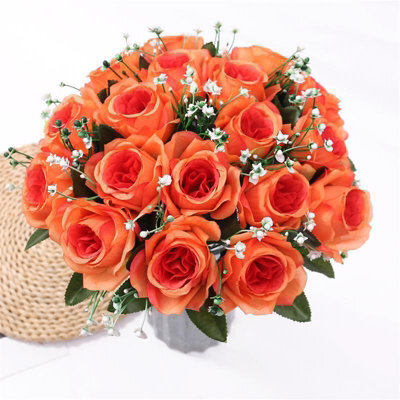 Lifelike 18-Head Silk Rose Bouquet, Orange Artificial Flowers For Home & Wedding Decor - image 1
