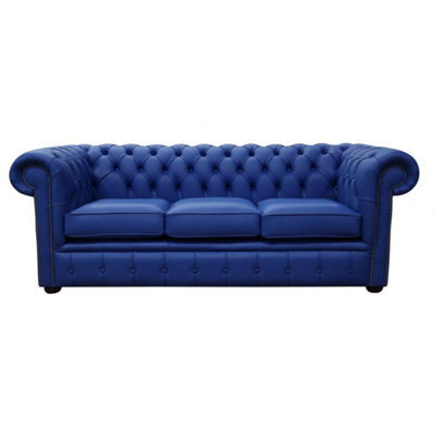 Chesterfield 3 Seater Blue Leather Sofa Custom Made In Classic Style - image 1