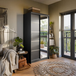 Arte Verona 02 Contemporary 2 Mirrored Sliding Door Wardrobe 5 Shelves 2 Rails Black Matt (H)2000mm (W)1000mm (D)620mm - thumbnail 1