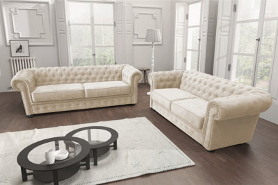 Chesterfield Style Venus Cream Fabric 3+2 Seater Sofa Set - image 1