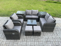 Fimous Garden Furniture Set Rattan Outdoor Lounge Sofa Chair With Tempered Glass Table 2 Small Footstools 2 Side Tables - thumbnail 2