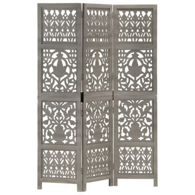 Vidaxl Hand Carved 3-Panel Room Divider Grey 120X165 Cm Solid Mango Wood Room Dividers - image 1