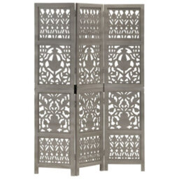 Vidaxl Hand Carved 3-Panel Room Divider Grey 120X165 Cm Solid Mango Wood Room Dividers - thumbnail 1