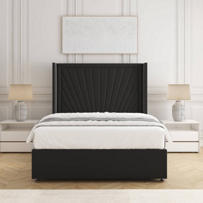 Bsspoke Alina Divan Bed Set Black Plush Velvet 54Inch Wingedback Panel Headboard & Mattress No Drawers In All Sizes - image 1