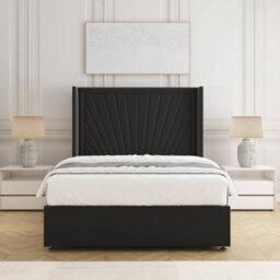 Bsspoke Alina Divan Bed Set Black Plush Velvet 54Inch Wingedback Panel Headboard & Mattress No Drawers In All Sizes - thumbnail 1