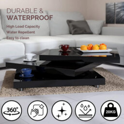 Casaria Black High Gloss Rotating Coffee Table 3 Tier 360 Degree 76X76 Cm - thumbnail 4