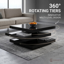 Casaria Black High Gloss Rotating Coffee Table 3 Tier 360 Degree 76X76 Cm - thumbnail 6