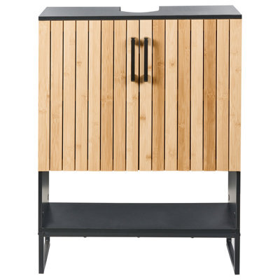 Beliani Wall-Mounted Bathroom Cabinet 60Cm Light Brown Bamboo With Matte Black Steel Frame - image 1