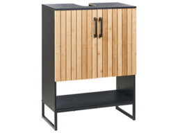 Beliani Wall-Mounted Bathroom Cabinet 60Cm Light Brown Bamboo With Matte Black Steel Frame - thumbnail 3