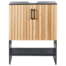 Beliani Wall-Mounted Bathroom Cabinet 60Cm Light Brown Bamboo With Matte Black Steel Frame - thumbnail 1