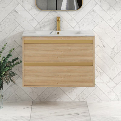 Royal Bathrooms Orion 800mm Natural Oak 2 Drawer Wall Hung Vanity Unit With Carrara White Basin & Brushed Brass Accent Trim - image 1