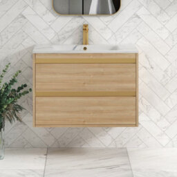 Royal Bathrooms Orion 800mm Natural Oak 2 Drawer Wall Hung Vanity Unit With Carrara White Basin & Brushed Brass Accent Trim