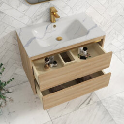 Royal Bathrooms Orion 800mm Natural Oak 2 Drawer Wall Hung Vanity Unit With Carrara White Basin & Brushed Brass Accent Trim - thumbnail 4