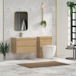 Royal Bathrooms Orion 800mm Natural Oak 2 Drawer Wall Hung Vanity Unit With Carrara White Basin & Brushed Brass Accent Trim - thumbnail 3