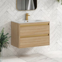 Royal Bathrooms Orion 800mm Natural Oak 2 Drawer Wall Hung Vanity Unit With Carrara White Basin & Brushed Brass Accent Trim - thumbnail 6