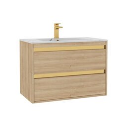 Royal Bathrooms Orion 800mm Natural Oak 2 Drawer Wall Hung Vanity Unit With Carrara White Basin & Brushed Brass Accent Trim - thumbnail 7