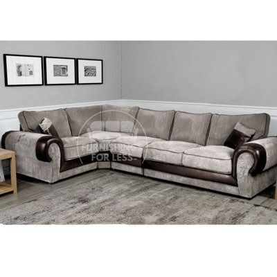 Furnishings For Less UK Large Portland Brown And Beige Fabric And Leather Long 5 Seater L Shaped Corner Sofa  Roll Arm Fullback Left Hand Facing