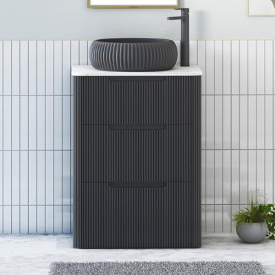 Royal Bathrooms Avenza 600mm Matt Obsidian Black Floor Standing Countertop Bathroom Vanity Unit 3 Drawer With Milan Black Basin