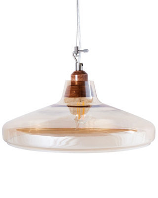 Wyld and Coco Lucent Pendant Lamp Tinted Gold Glass Vintage Style Ceiling Light - Warm Amber Glass, Timber Top, 38Cm Diameter, 129Cm Drop - image 1