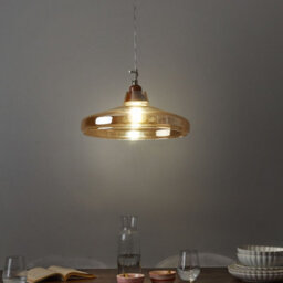 Wyld and Coco Lucent Pendant Lamp Tinted Gold Glass Vintage Style Ceiling Light - Warm Amber Glass, Timber Top, 38Cm Diameter, 129Cm Drop - thumbnail 2