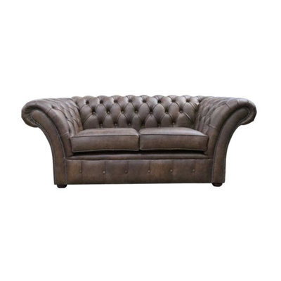 Chesterfield 2 Seater Sofa Settee Cracked Wax T Brown Leather In Balmoral Style - image 1