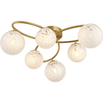 Loops Satin Brass Semi Flush Low Ceiling Light - White Confetti Multi Arm Glass - 6 X 3W Led G9 - image 1