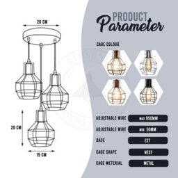 Modern Retro 3 Way Ceiling Pendant Light Cluster Nest Cage Light Fitting Rustic Lampshade Style Home E27 Lighting Kit - thumbnail 2