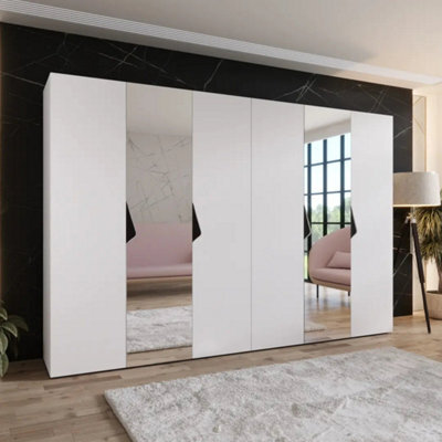 Arte Sandi Ii Hinged Door Wardrobe 300Cm - White Six-Door Mirrored Wardrobe With Rails And Shelves - image 1