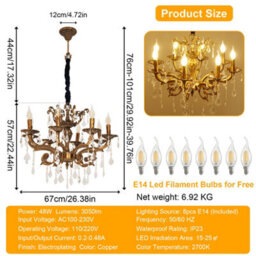 Vrygle 80Cm French Country Crystal Chandeliers Ceiling Light 8 Lights Vintage Pendant Light For Living Room E14 - thumbnail 2