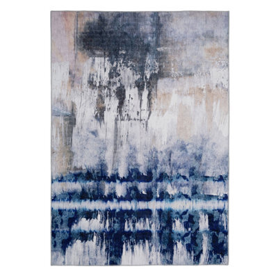 Loomed Washable Large Blue Grey Abstract Living Area Rug 190Cm X 280Cm - image 1
