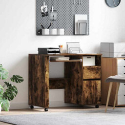 Berkfield Modern Brown Computer Desk Smoked Oak Engineered Wood Compact Drawers - thumbnail 2