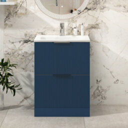 Royal Bathrooms Evora 600mm Midnight Blue Fluted Floor Standing Bathroom Vanity Unit 2 Drawer Cabinet Storage With Stone Basin Sink - 1 Tap Hole