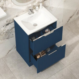 Royal Bathrooms Evora 600mm Midnight Blue Fluted Floor Standing Bathroom Vanity Unit 2 Drawer Cabinet Storage With Stone Basin Sink - 1 Tap Hole - thumbnail 5